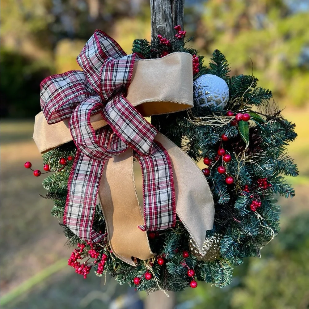 Festive Christmas Pine Holiday Wreath with Gold and Red Accents, 23‎ inches wide